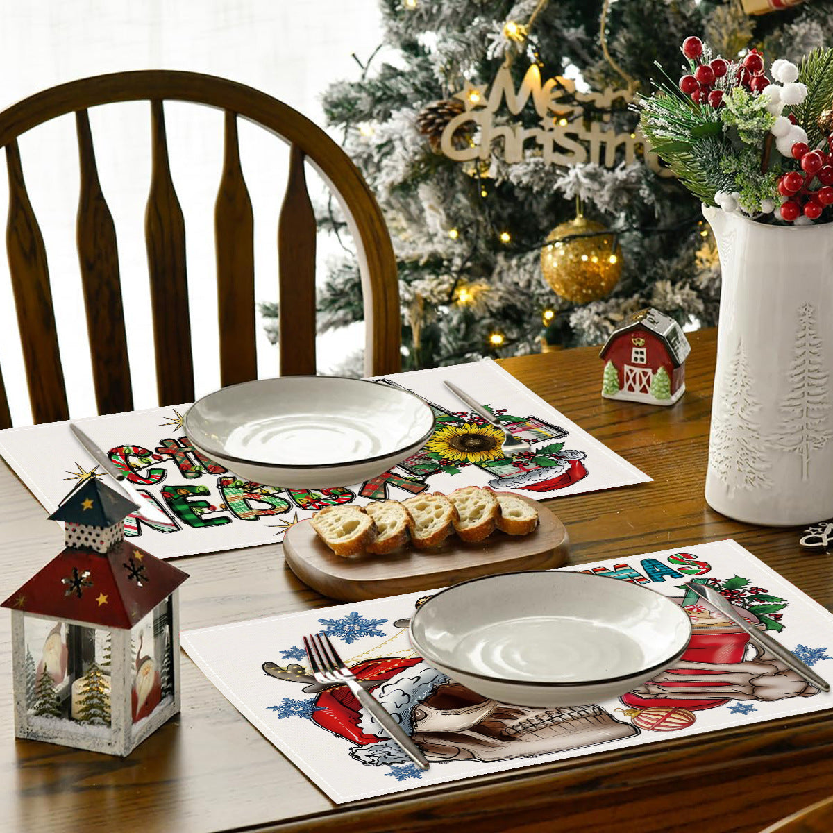 Skull Milk Tea Cup Printed Meal Mat Christmas Snowflake Letter Linen Table Mat Holiday Table Decoration Insulation Mat