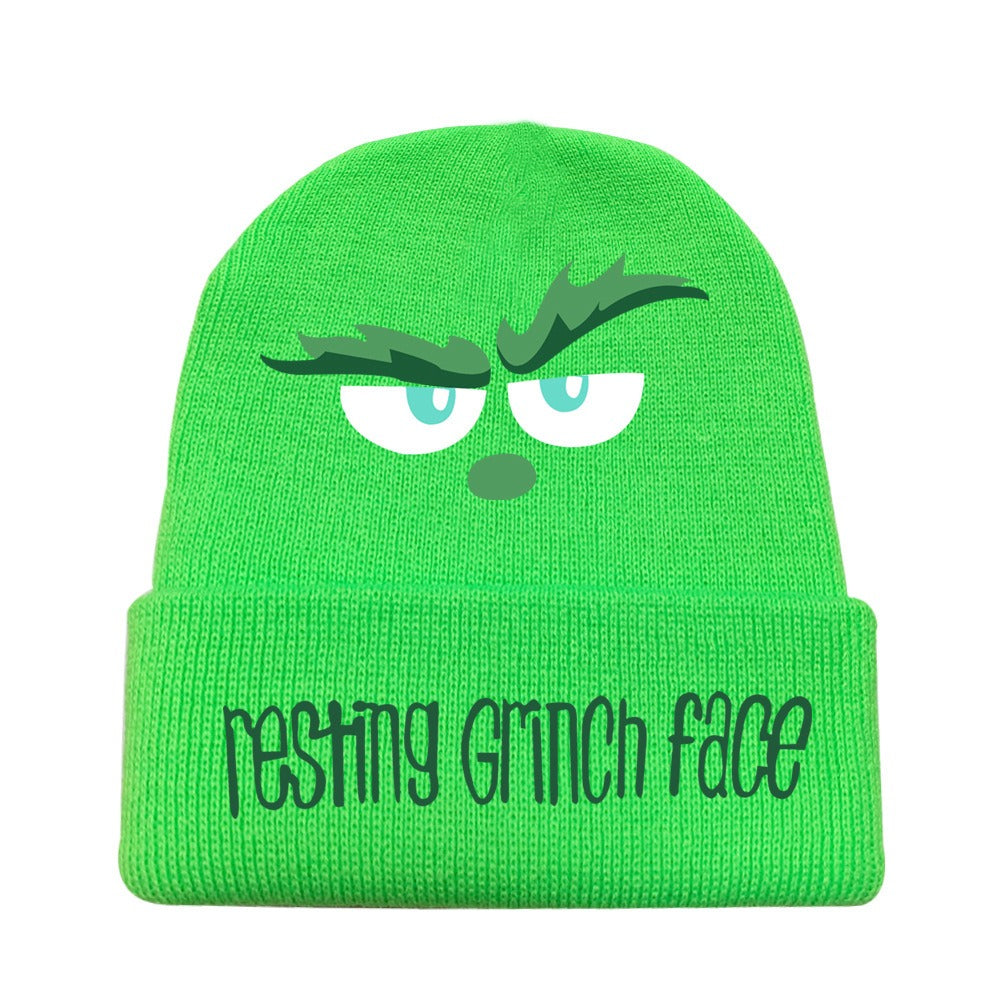 Christmas New Thread Wool Hat Knitting Hat Winter Printing Green Hair Strange Grinch Hat