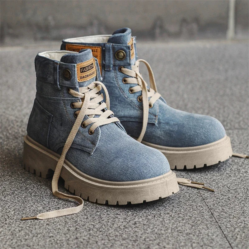 Cowboy boots new autumn thick soled Martin boots fashionable retro washed high top big toe shoes for men