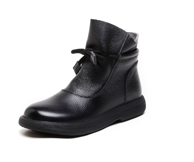 Leather Warm Wool Boots Winter Thickened Cotton Flat Anti-Slip Soft Sole Low-Top Boots