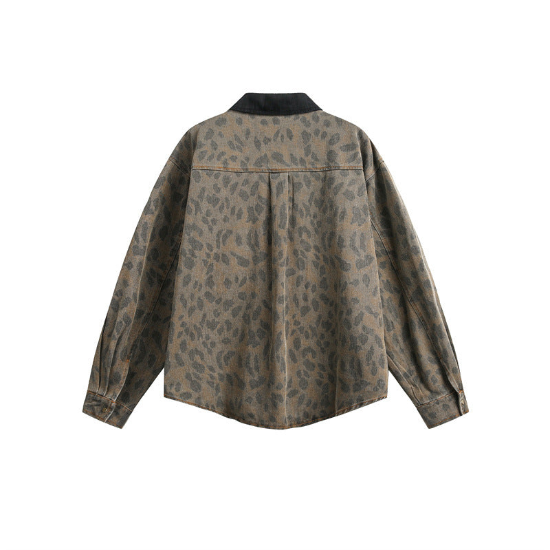 Loose heavy industry vintage leopard print long sleeved denim shirt for men and women