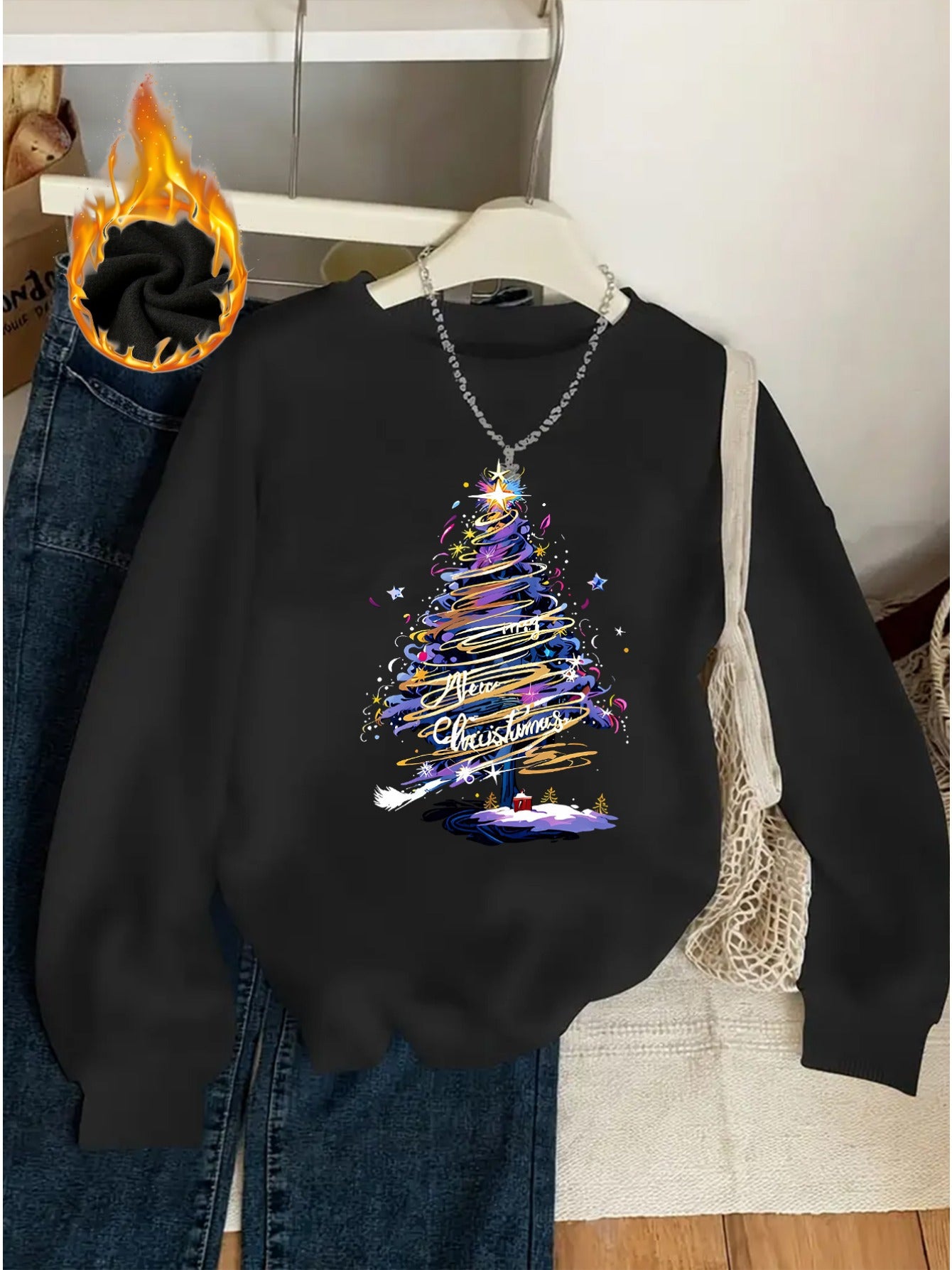 Women'S Festive Christmas Tree Print Pullover Sweatshirt, Po