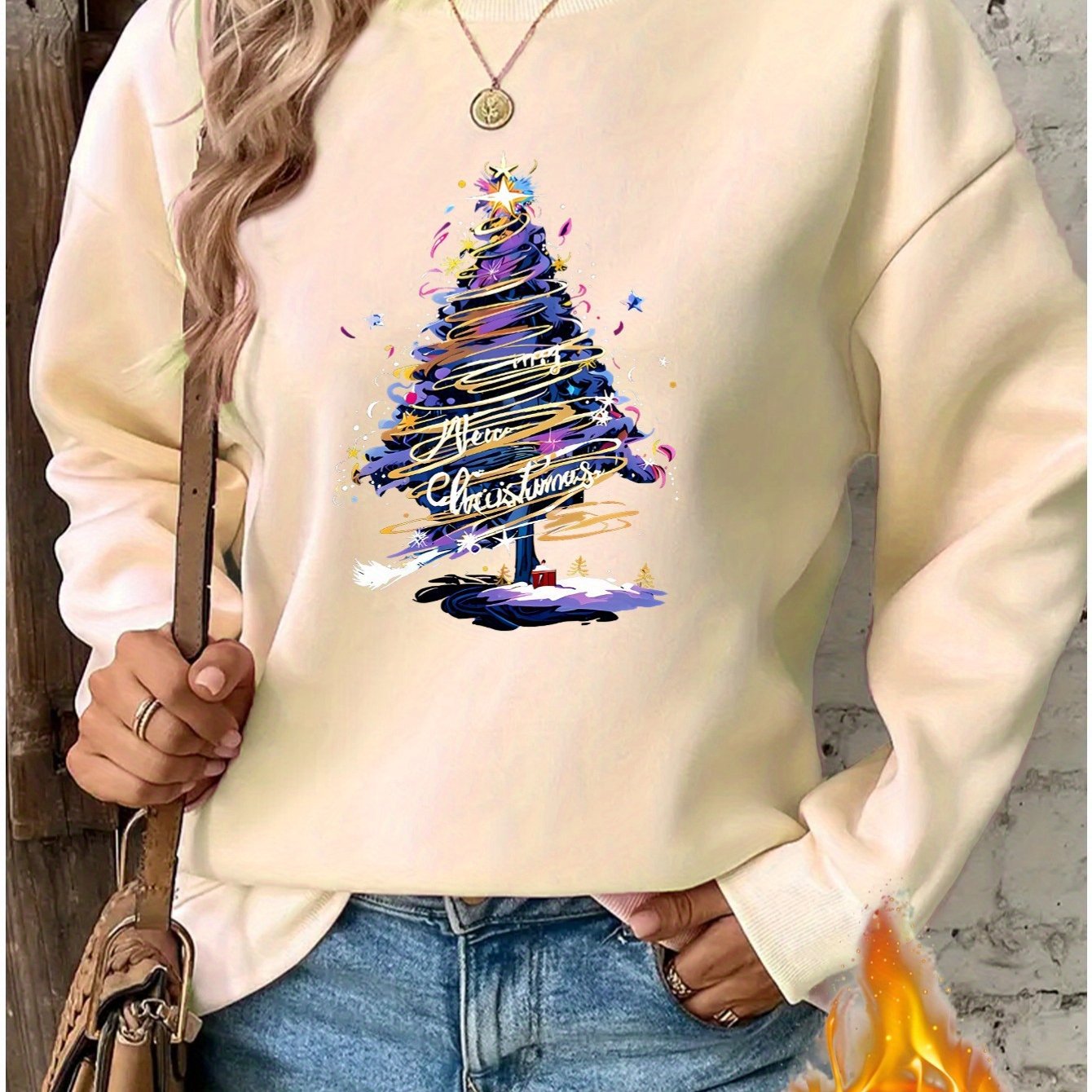 Women'S Festive Christmas Tree Print Pullover Sweatshirt, Po