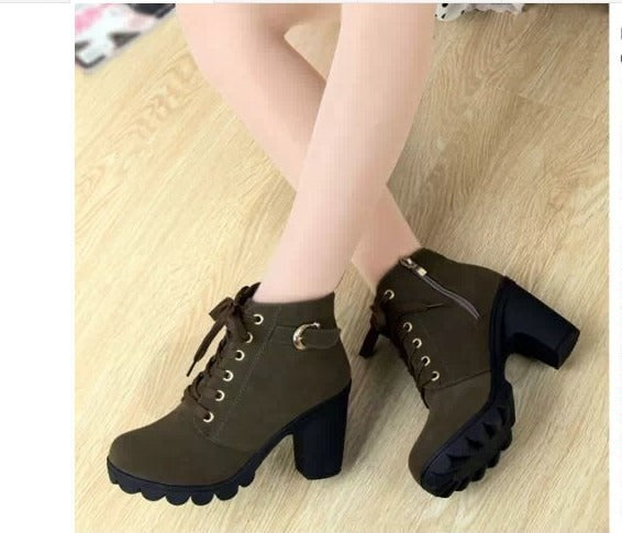 Autumn and Winter New High Heel Women's Boots Cross Tie Short Boots Thick Heel Martin Boots Leather Boots