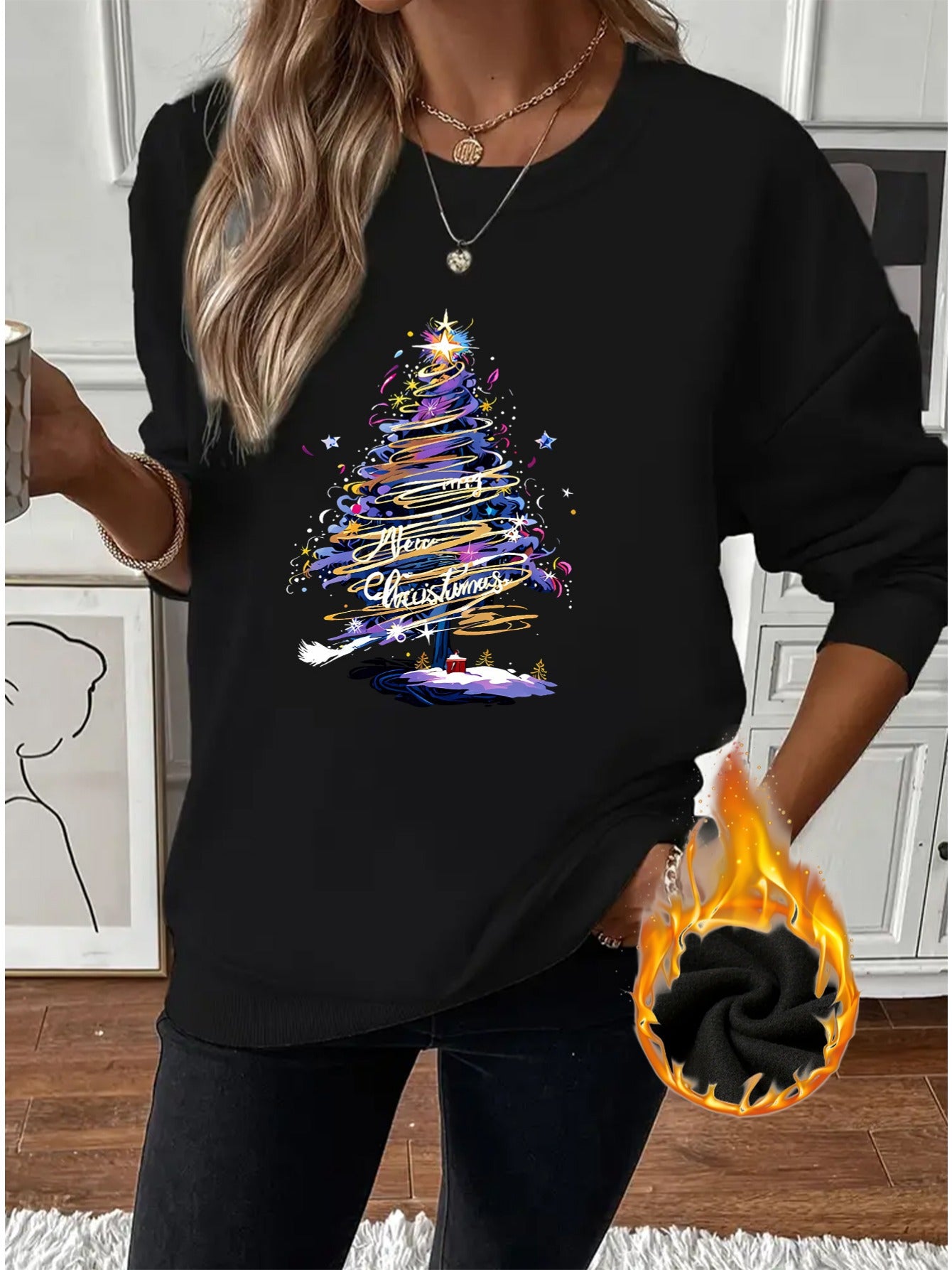 Women'S Festive Christmas Tree Print Pullover Sweatshirt, Po