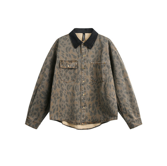 Loose heavy industry vintage leopard print long sleeved denim shirt for men and women