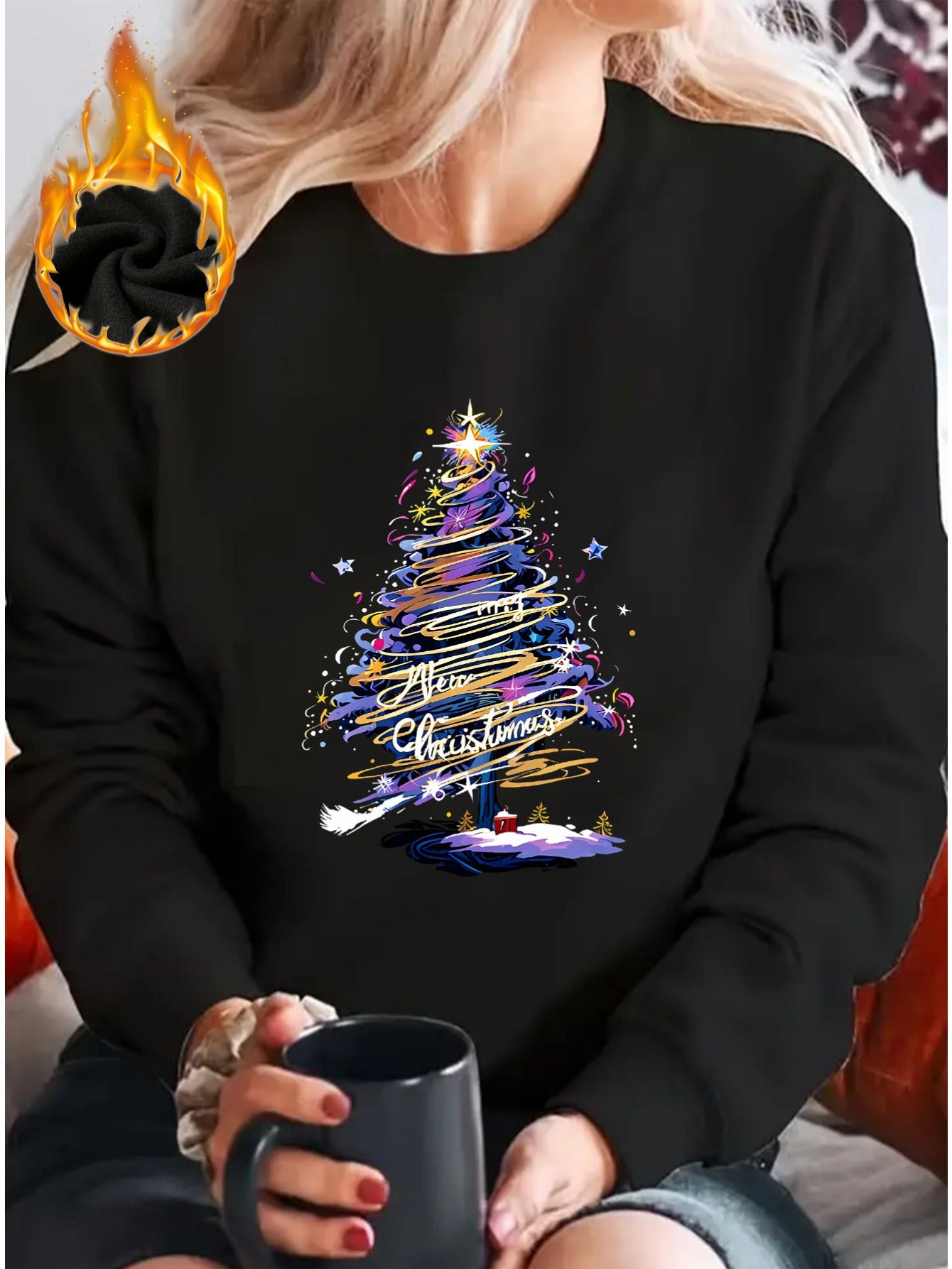 Women'S Festive Christmas Tree Print Pullover Sweatshirt, Po