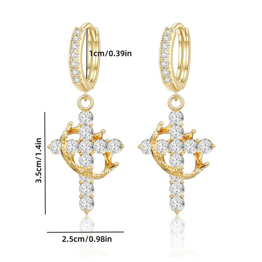 Rotating Crown Cross Earrings Set with Zircon