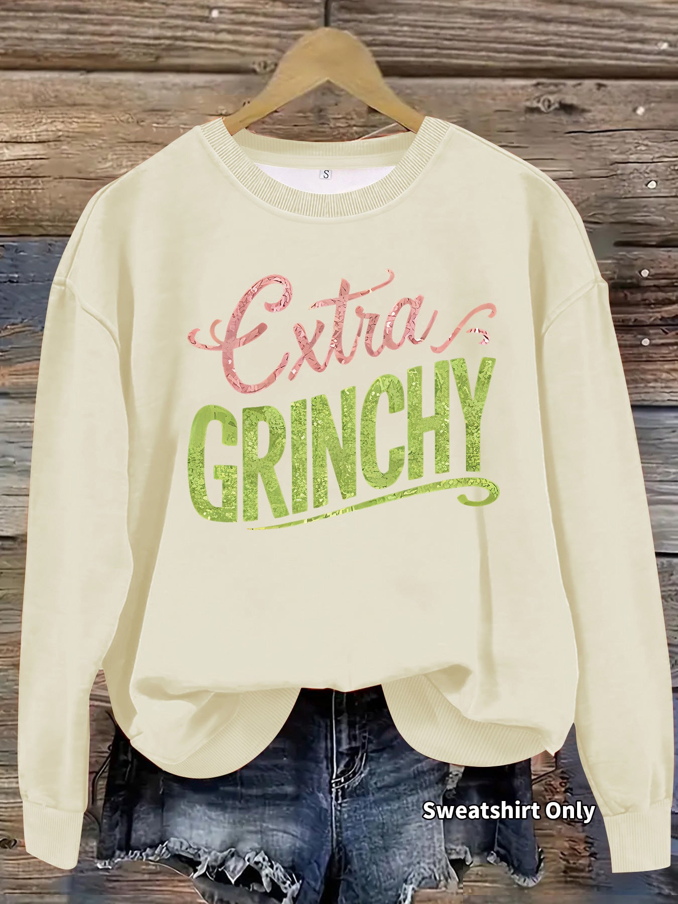 Grinch print round neck hoodie with geometric shapes