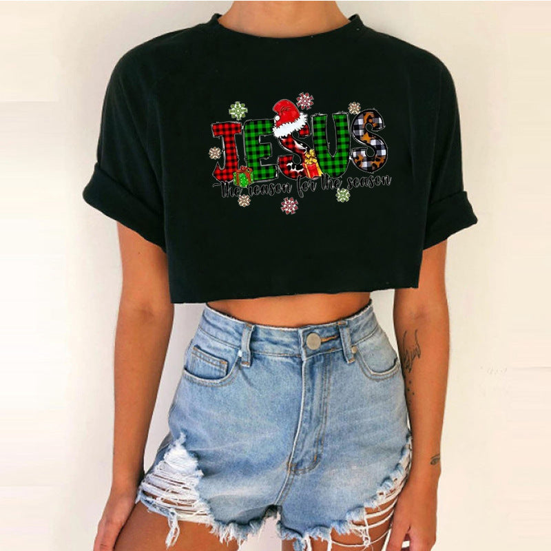 Women's Short Top Christmas Crop Top INS Style Spicy Girl Basic Short Sleeve Round Neck T-Shirt