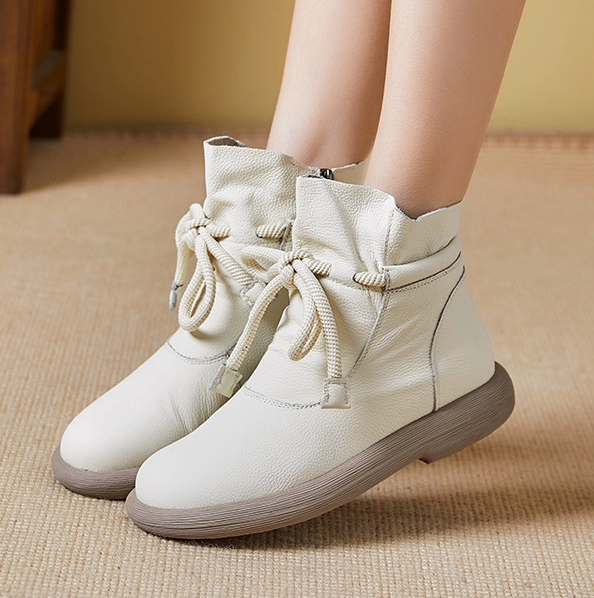 Leather Warm Wool Boots Winter Thickened Cotton Flat Anti-Slip Soft Sole Low-Top Boots