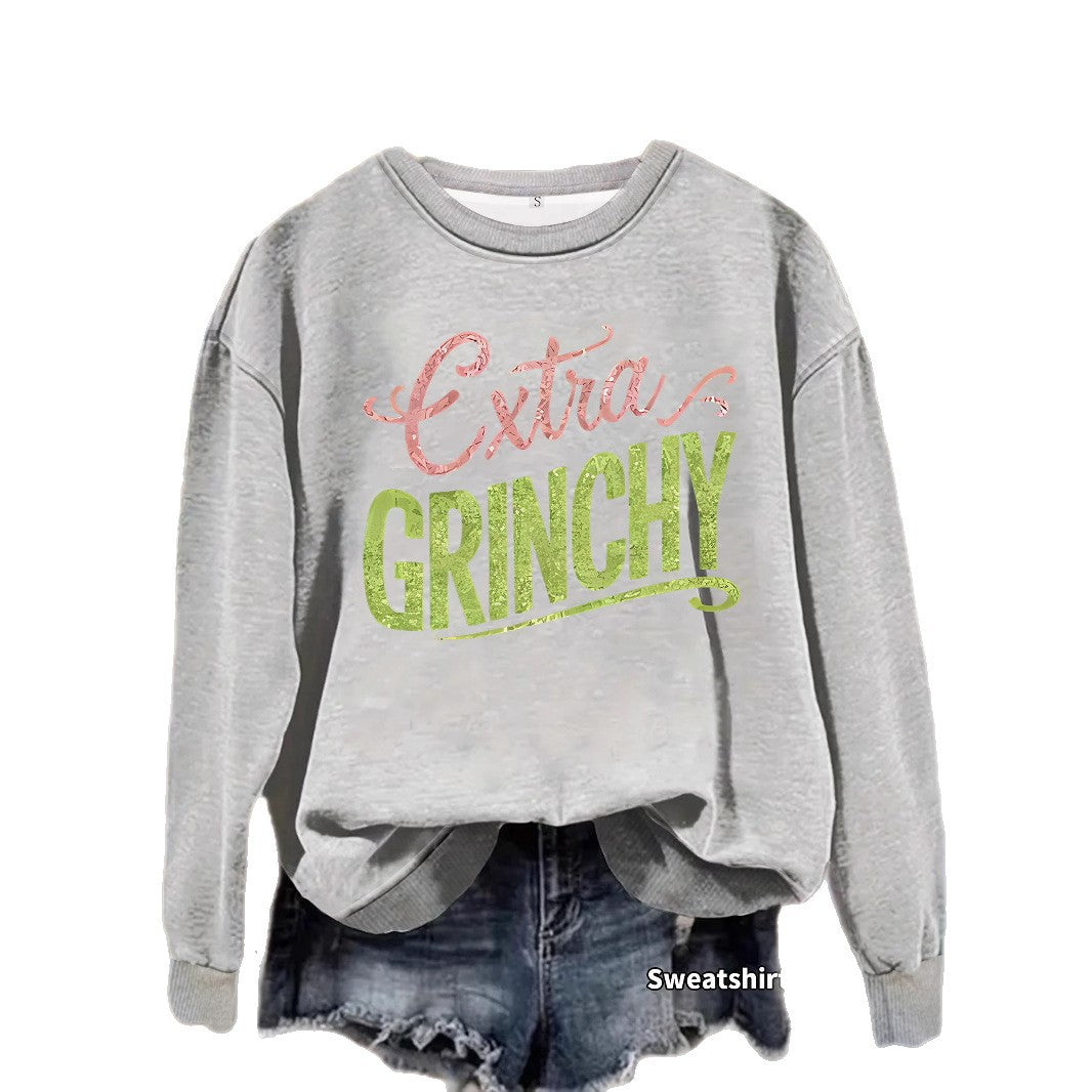 Grinch print round neck hoodie with geometric shapes
