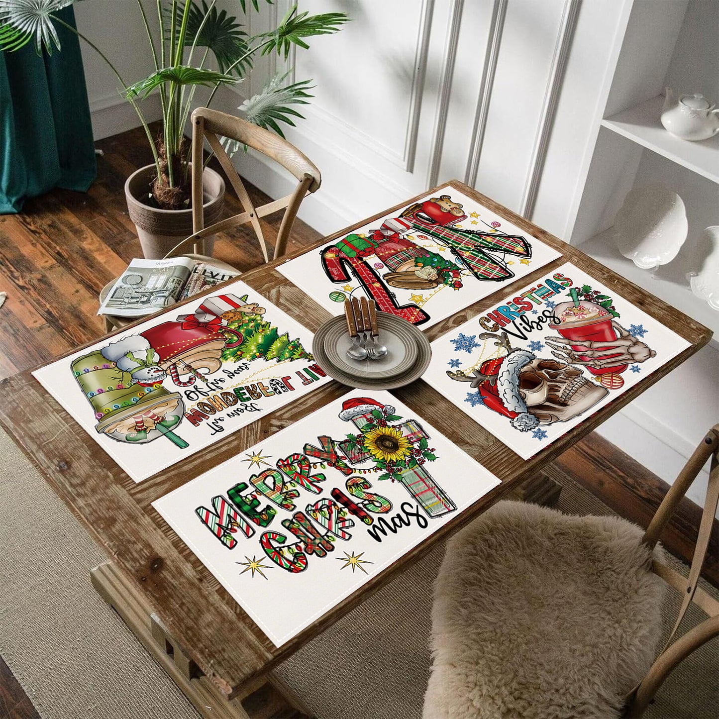 Skull Milk Tea Cup Printed Meal Mat Christmas Snowflake Letter Linen Table Mat Holiday Table Decoration Insulation Mat