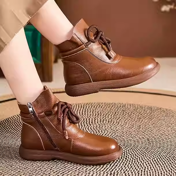 Leather Warm Wool Boots Winter Thickened Cotton Flat Anti-Slip Soft Sole Low-Top Boots